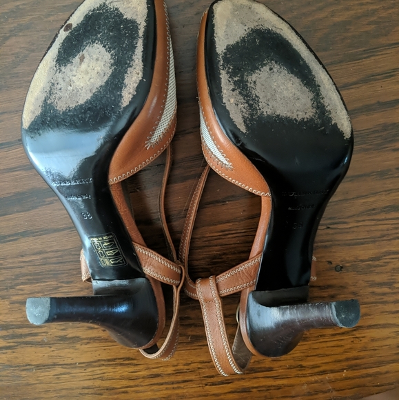 Burberry 7.5 Leather & Linen Classy Peep toe Heels - Picture 5 of 10